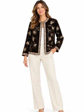 Chico’s Embroidered Velvet Floral Boho Jacket Dark Brown Size 3